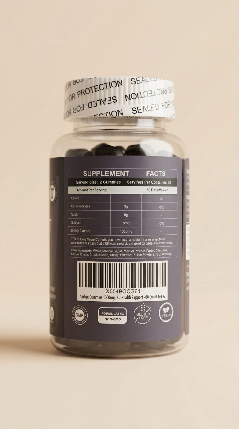 Supplement bottle with label on a beige background