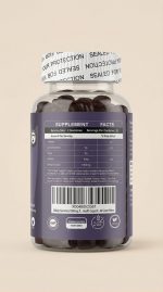 Supplement bottle with label on a beige background