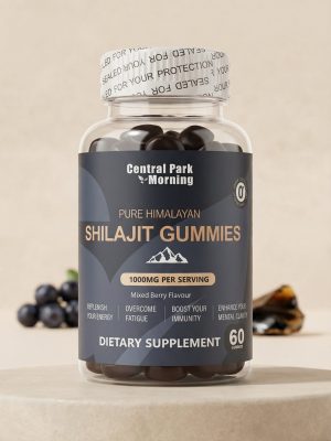 Bottle of Central Park Morning Shilajit Gummies on a beige background