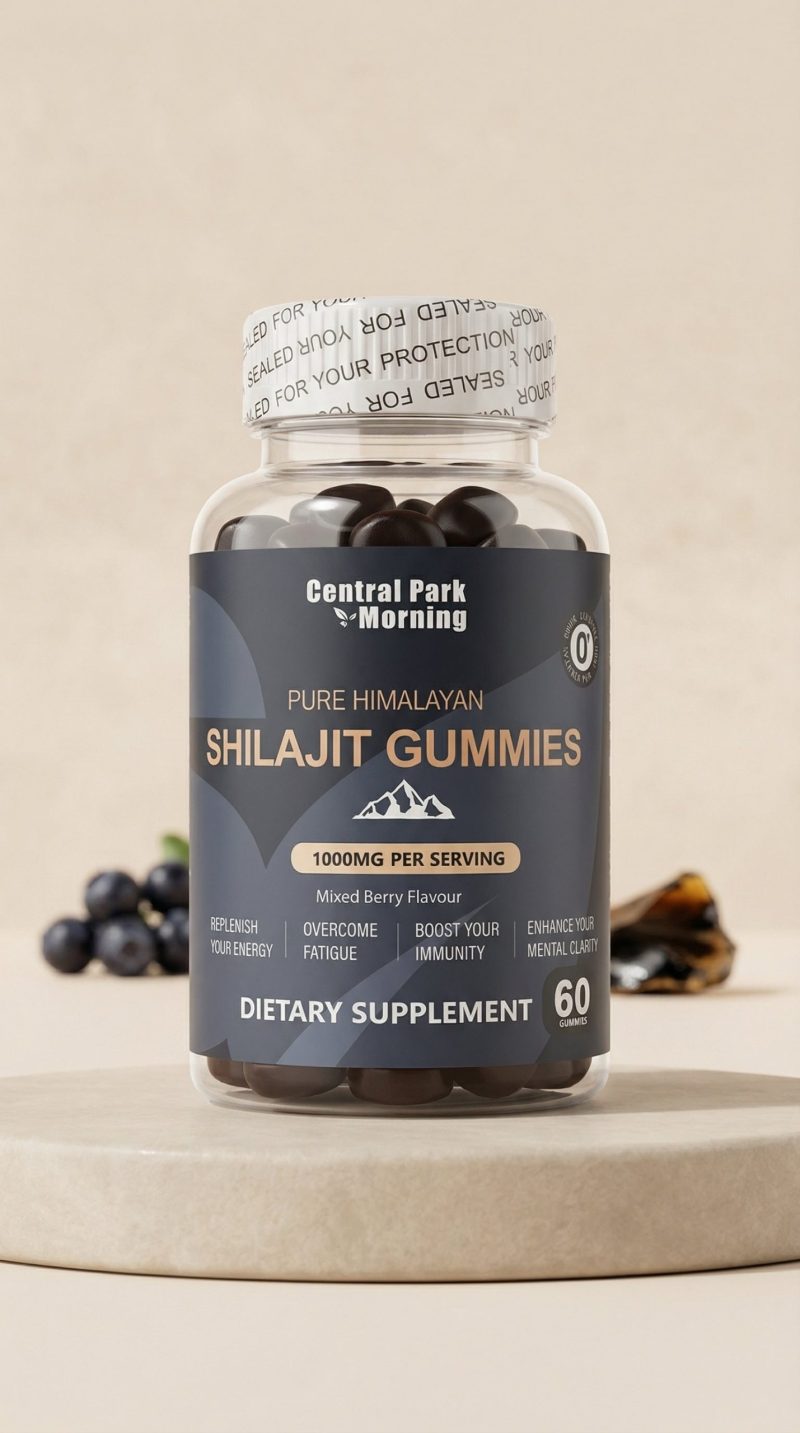 Bottle of Central Park Morning Shilajit Gummies on a beige background
