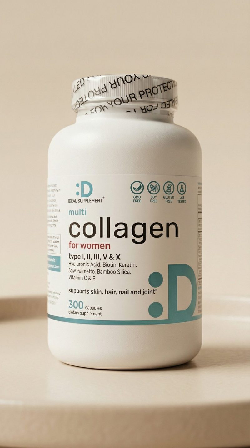 IDEAL SUPPLEMENT multi Collagen for women type I II III V AND X Collagen supplement bottle for women
