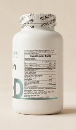 Supplement bottle with label on a beige background