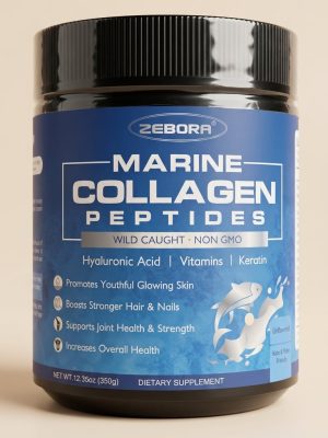 Jar of Zebora Marine Collagen Peptides on a beige background
