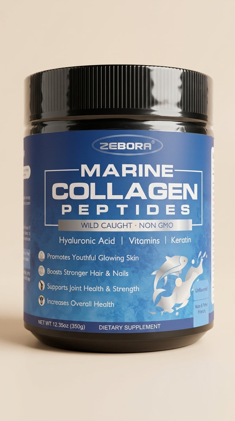 Jar of Zebora Marine Collagen Peptides Jar of Zebora Marine Collagen Peptides on a beige background
