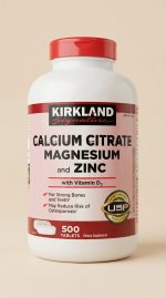 Kirkland Signature Calcium Citrate Magnesium and Zinc supplement bottle on a beige background