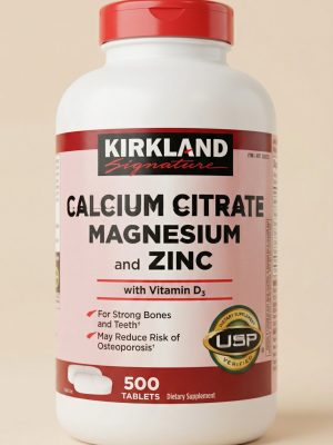 Kirkland Signature Calcium Citrate Magnesium and Zinc supplement bottle on a beige background