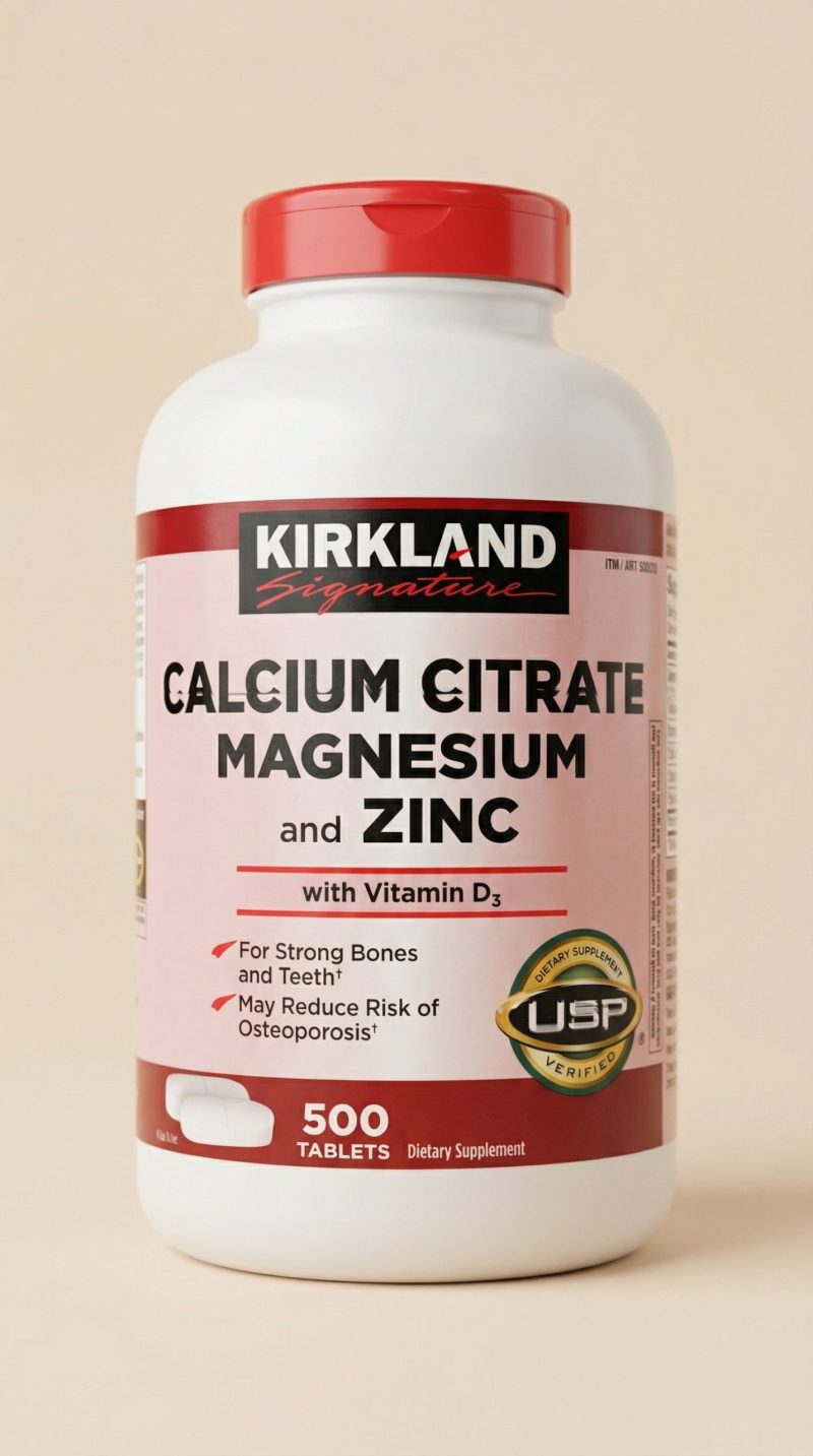 Kirkland Signature Calcium Citrate Magnesium and Zinc Kirkland Signature Calcium Citrate Magnesium and Zinc supplement bottle on a beige background