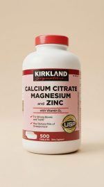 Kirkland Calcium Citrate Magnesium and Zinc supplement bottle on a beige background
