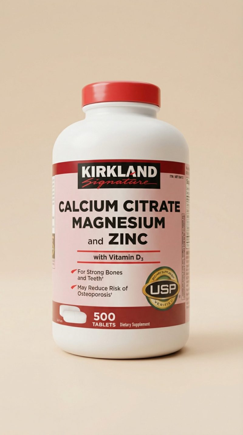 Kirkland Calcium Citrate Magnesium and Zinc supplement bottle on a beige background