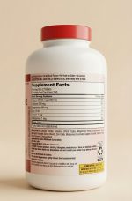 Supplement bottle with label on a beige background