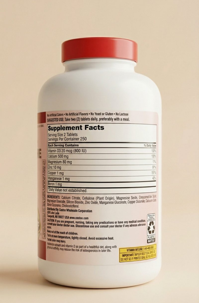 Supplement bottle with label on a beige background