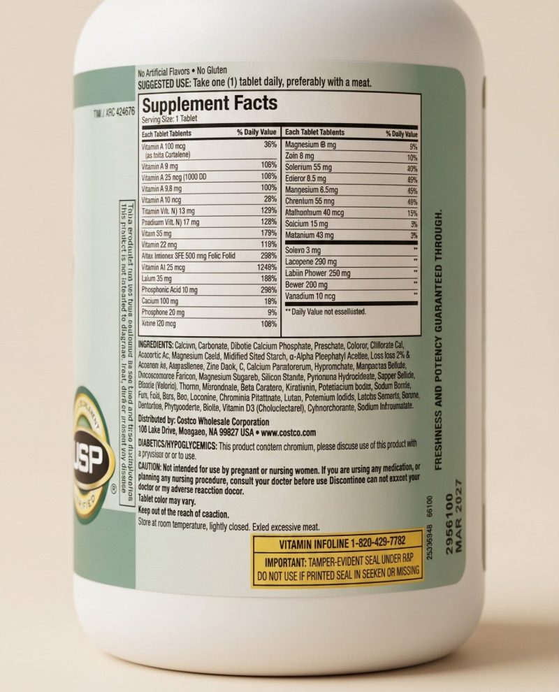 Supplement bottle with a focus on the back label showing nutritional information.