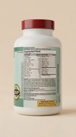 Supplement bottle with a label on a beige background