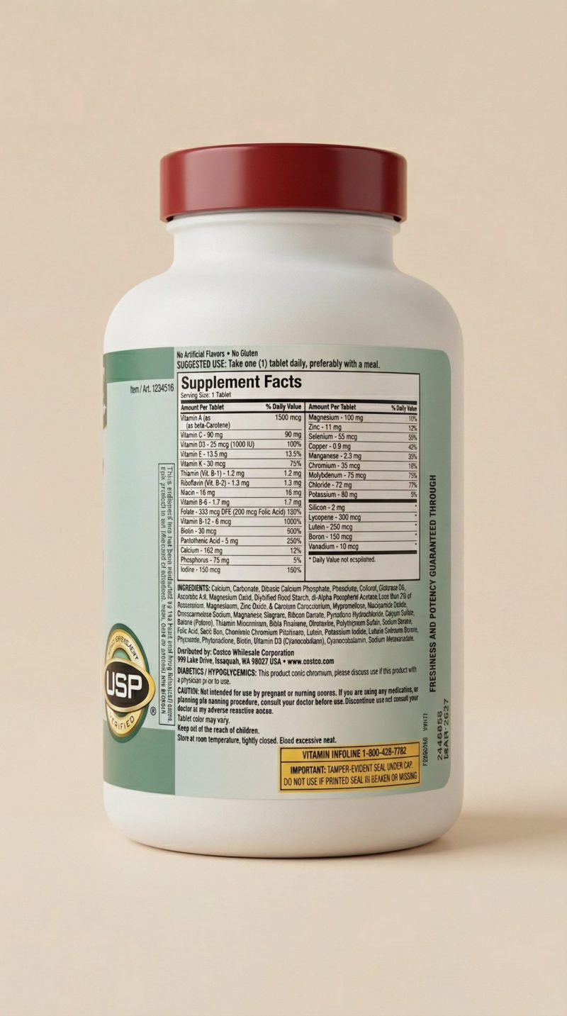 Supplement bottle with a label on a beige background