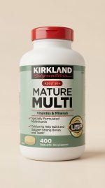 Kirkland Signature Mature Multi vitamins bottle on a beige background