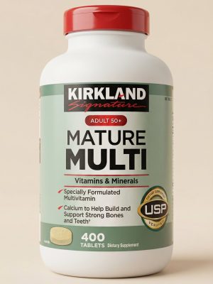 Kirkland Signature Mature Multi vitamins bottle on a beige background