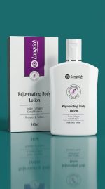 Longrich Rejuvenating Body Lotion with packaging on a teal background