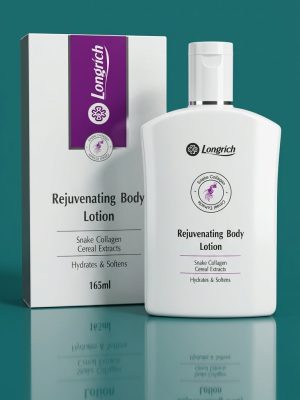 Longrich Rejuvenating Body Lotion with packaging on a teal background