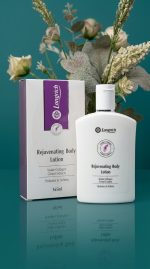 Rejuvenating Body Lotion with packaging on a teal background