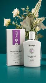 Longrich Rejuvenating Body Lotion with packaging and flowers on a teal background
