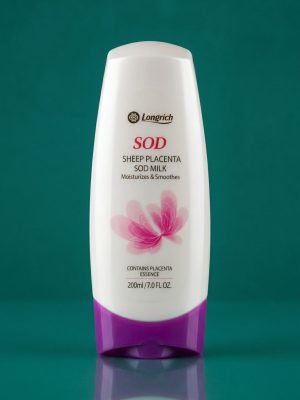 Bottle of Longrich SOD Sheep Placenta Skin Milk on a teal background