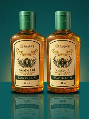 Two bottles of Longrich_Snake_Oil_Gel on a reflective surface with a gradient green background