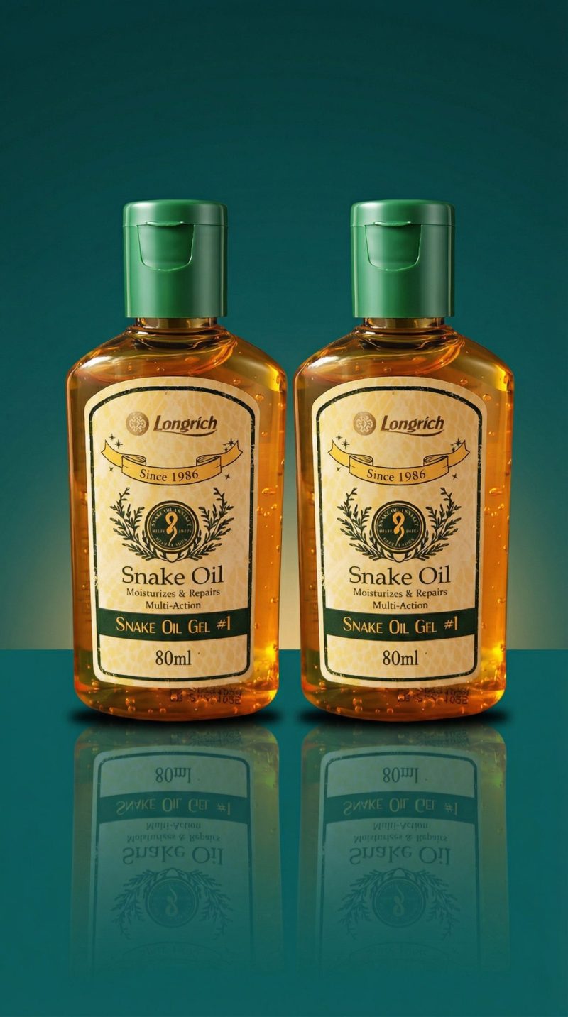 Two bottles of Longrich_Snake_Oil_Gel on a reflective surface with a gradient green background