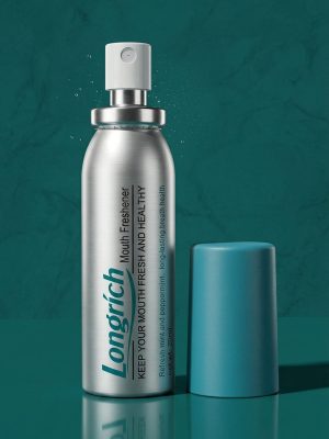 Longrich mouth freshener bottle on a teal background