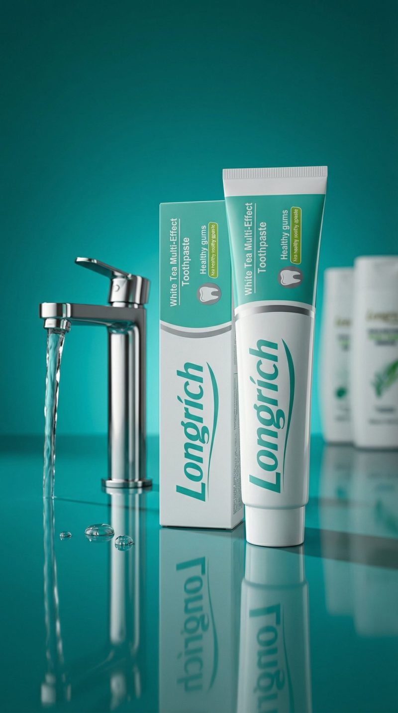 Longrich toothpaste tube 1 Longrich toothpaste tube and packaging on a reflective surface with a teal background