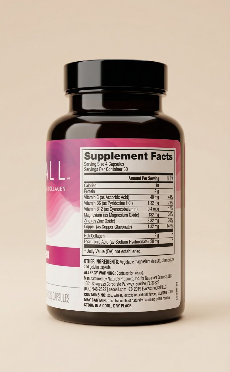 Supplement bottle with label on a beige background