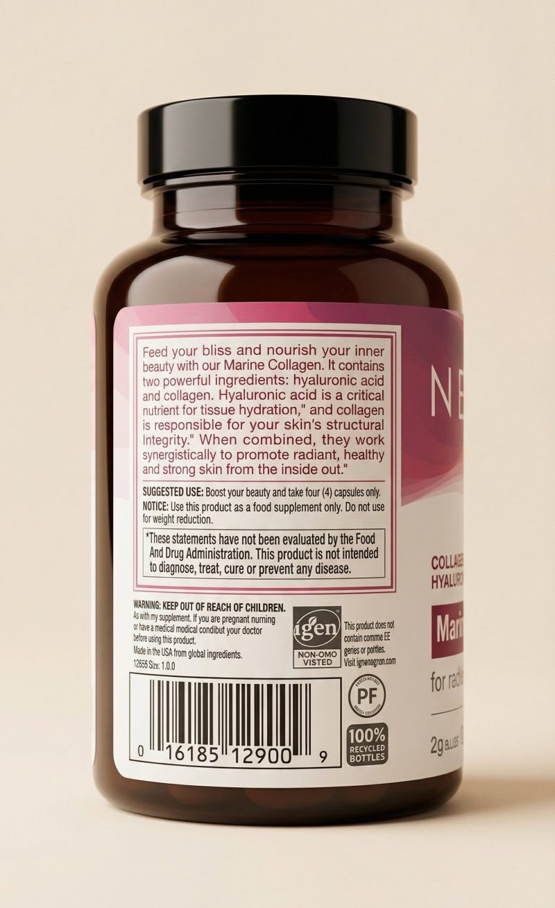 Supplement bottle with label on a beige background