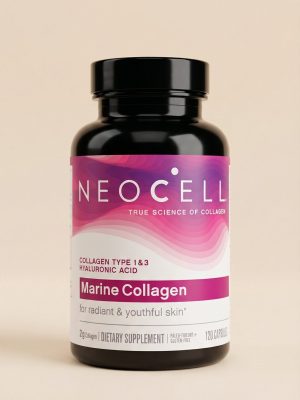 Neocell Marine Collagen supplement bottle on a beige background