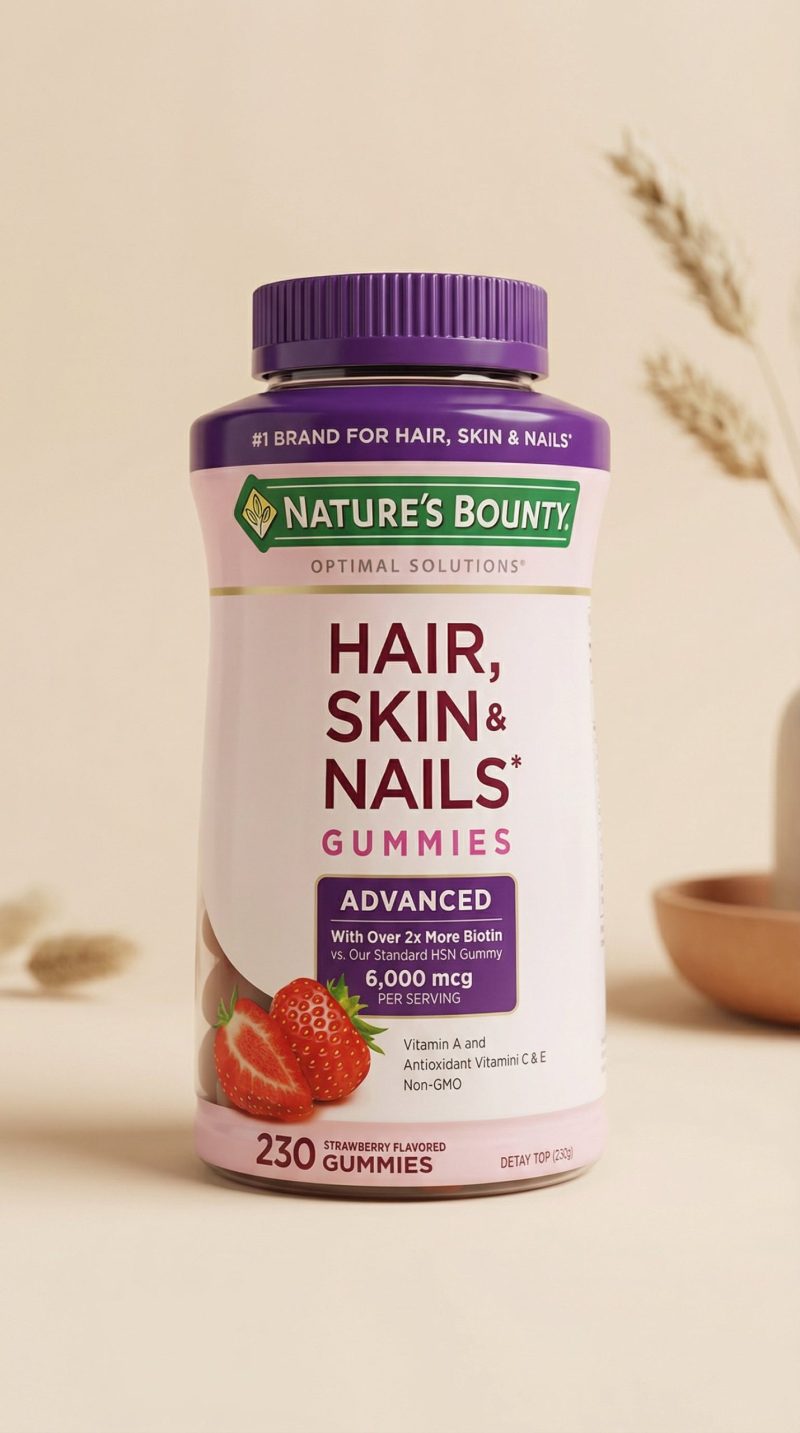 Nature s Bounty Hair Skin Nails gummies bottle on a light background Nature's Bounty Hair, Skin & Nails gummies bottle on a light background