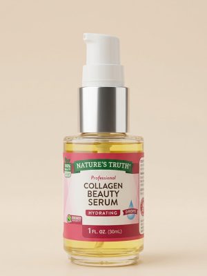 Nature's Truth Collagen Beauty Serum bottle on a beige background