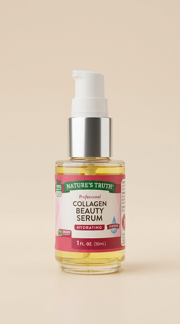 Nature s Truth Collagen Beauty Serum bottle Nature's Truth Collagen Beauty Serum bottle on a beige background