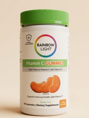 Rainbow Light Vitamin C Gummies container on a beige background