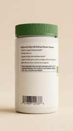 Back label of a supplement container with text and a barcode on a beige background