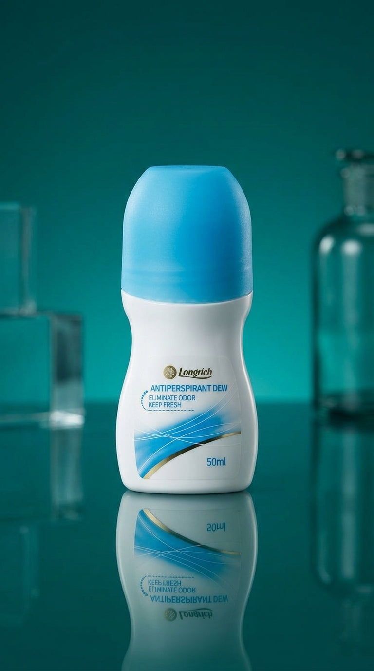 Roll on deodorant Antiperspirant Dew Roll-on deodorant bottle with blue cap on a reflective surface against a teal background