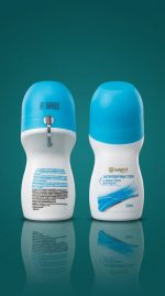 Two bottles of Longrich antiperspirant cream on a reflective surface with a teal background