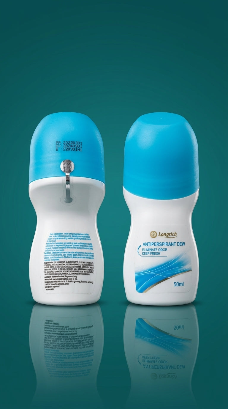 Two bottles of Longrich antiperspirant cream on a reflective surface with a teal background