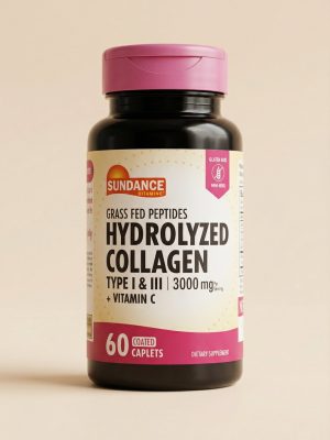 Bottle of Sundance Hydrolyzed Collagen on a beige background