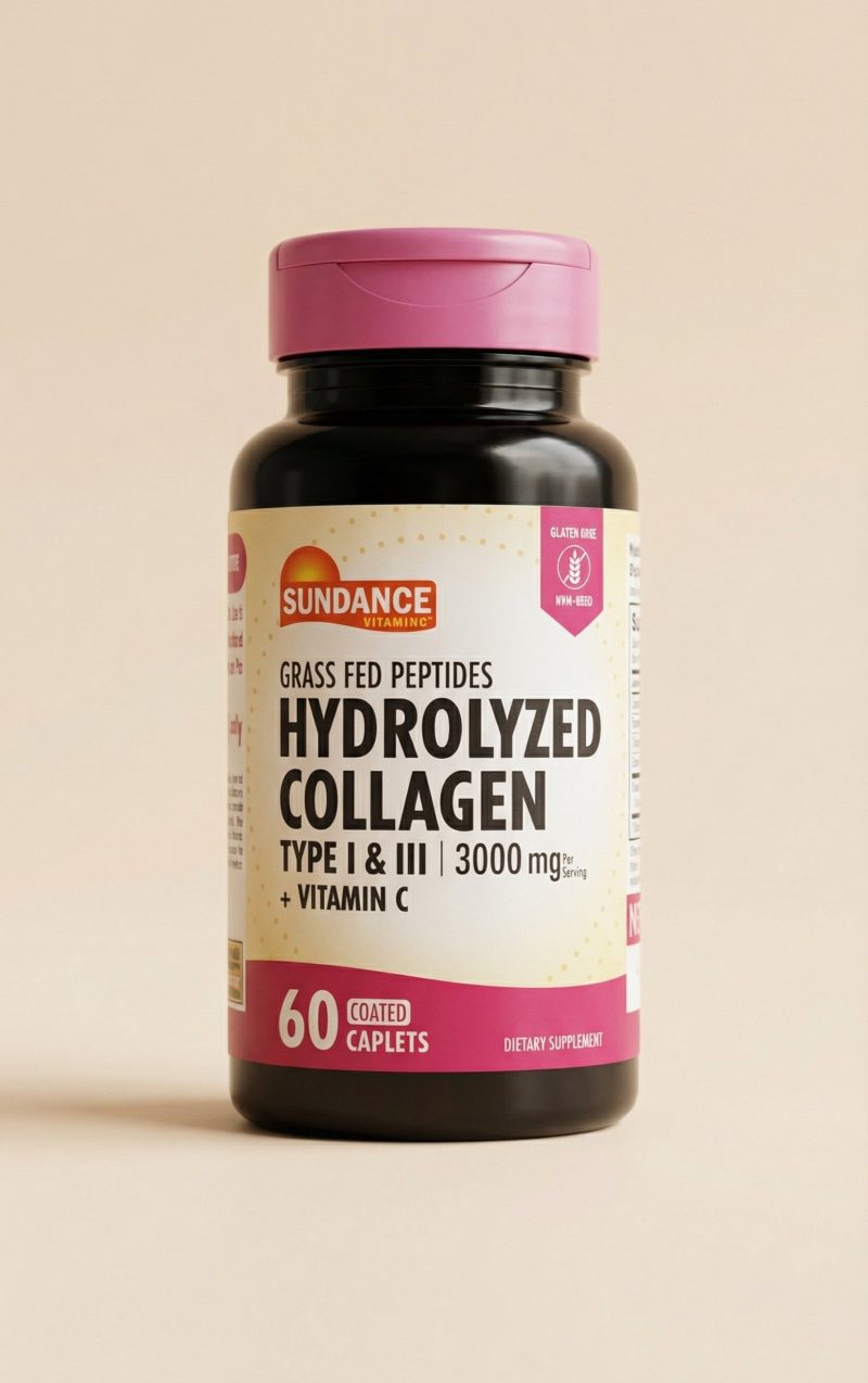 SUNDANCE vitamin c Hydrolysed Collagen Type I and III Bottle of Sundance Hydrolyzed Collagen on a beige background