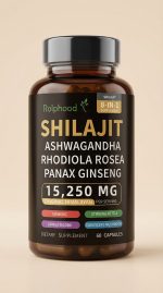 Supplement bottle labeled 'Shilajit' with ingredients on a beige background