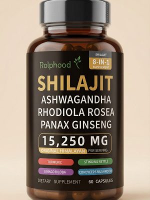 Supplement bottle labeled 'Shilajit' with ingredients on a beige background