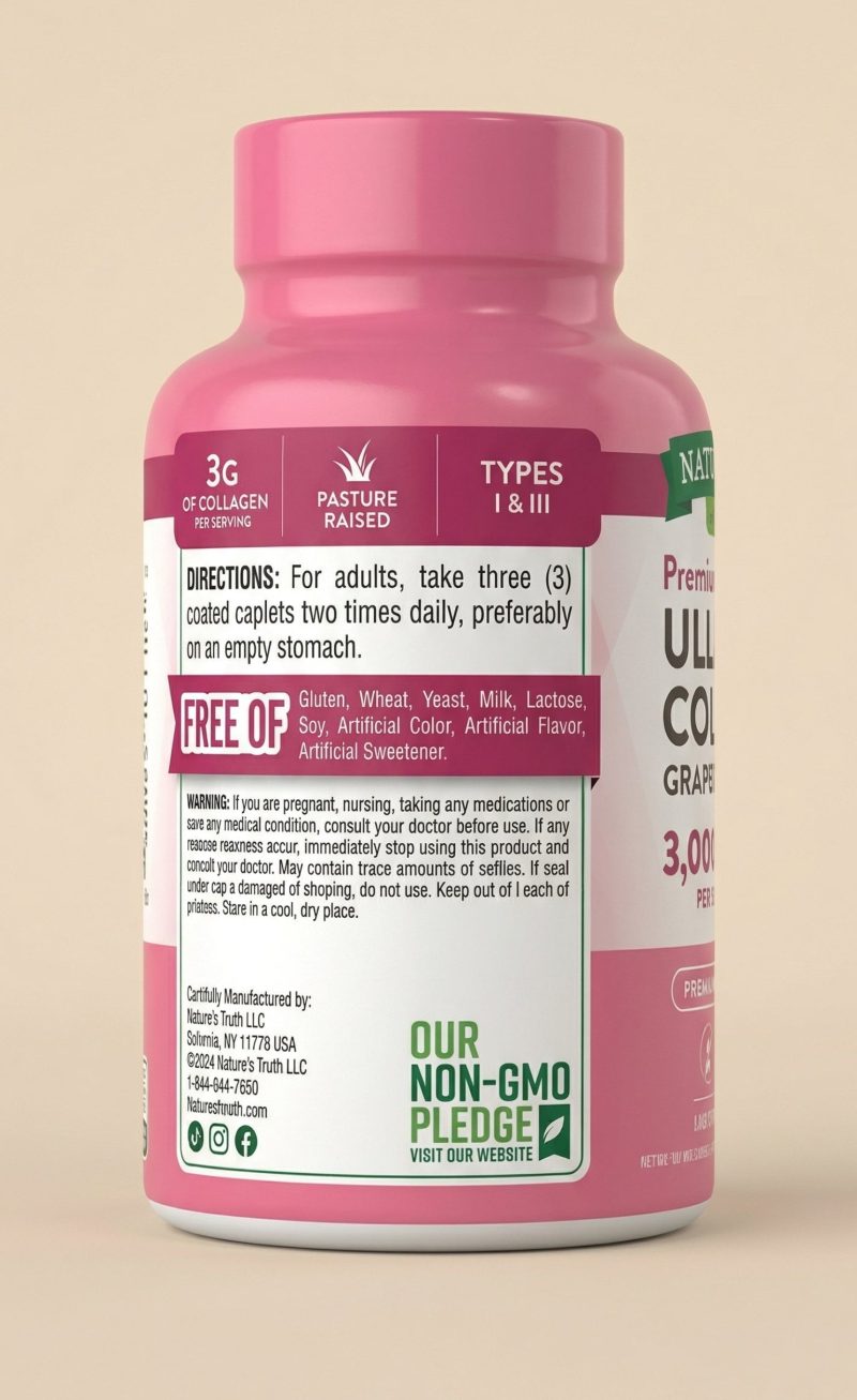 Pink supplement bottle with label on a beige background