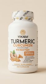 Yokaba Turmeric Curcumin supplement bottle on a beige background