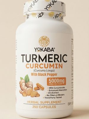 Yokaba Turmeric Curcumin supplement bottle on a beige background