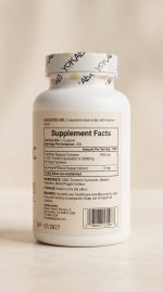 Supplement bottle with label on a beige background