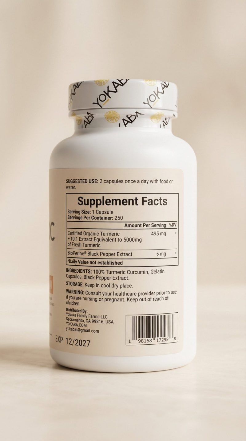 Supplement bottle with label on a beige background