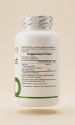 Supplement bottle with label on a beige background
